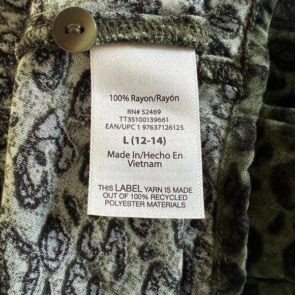 Green & Black Leopard Print Mini Dress Sz L Drawstring Rayon Casual Boho Animal - Picture 6 of 7